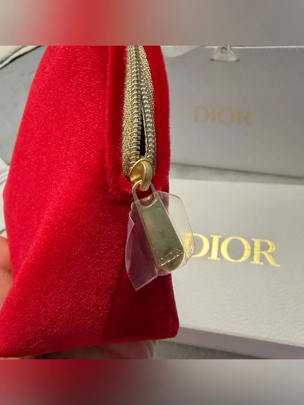 Dior Red Velvet Pouch with Embossed Logo